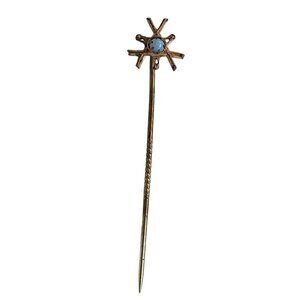 Vintage Gold Tone Stick Pin With Blue Opal Gemstone Accent Starburst Design